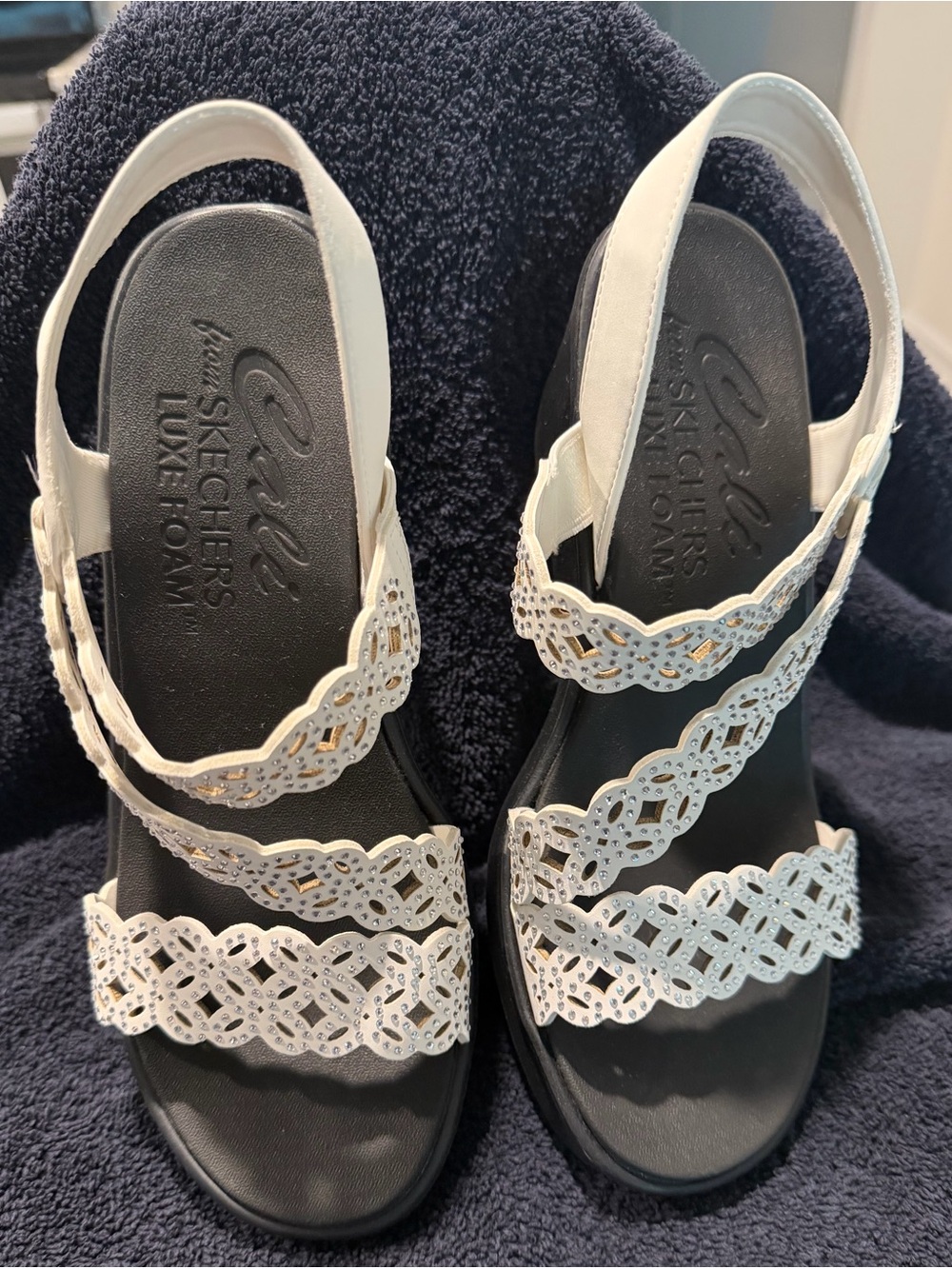 Skechers White Laser-Cut Slingback Sandals with Black Footbed